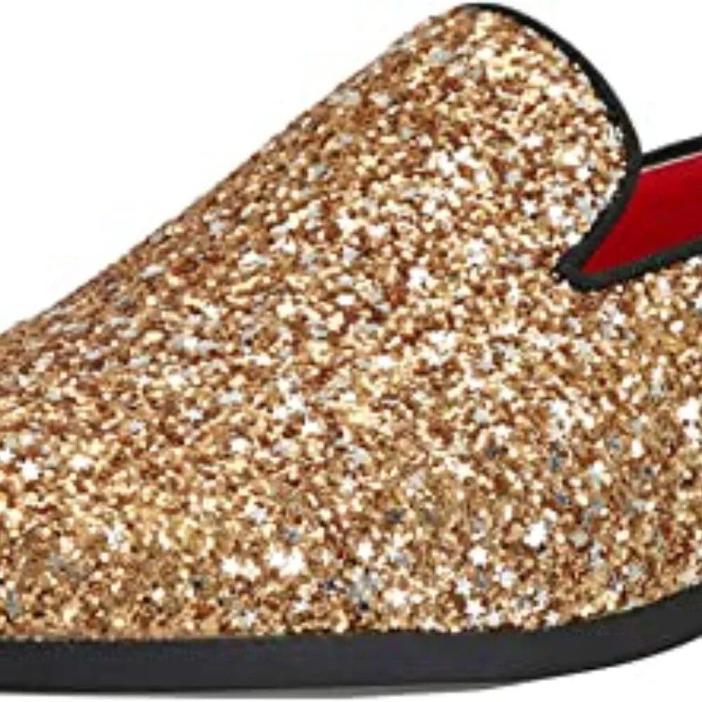 Santimon Men's US 9.5 - 12.5 Gold Sequins Glitter Smoking Loafers Dress Shoes  P